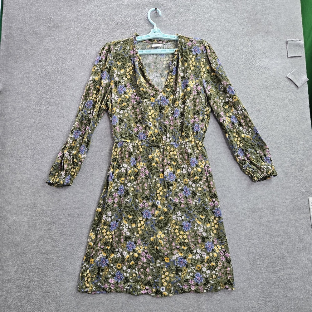 Old Navy Women Dress M Green Floral Fit‎ & Flare Long Sleeve